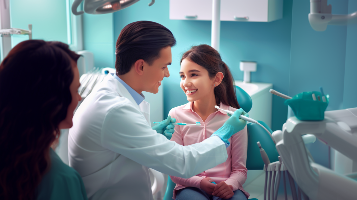 smiling dentist flossing, brushig